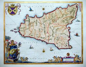Mappa della Sicilia incisore Ioannem Ianbonium incisione del XVII secolo Formato cm. 76x57 (incisione cm. 50x40). Carta 100% cotone Mappa della Sicilia incisore Ioannem Ianbonium incisione del XVII secolo Formato cm. 76x57 (incisione cm. 50x40). Carta 100% cotone